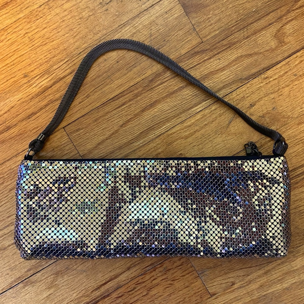Whiting and Davis small silver metal mesh clutch with 14” strap (9” x 2.5”)
